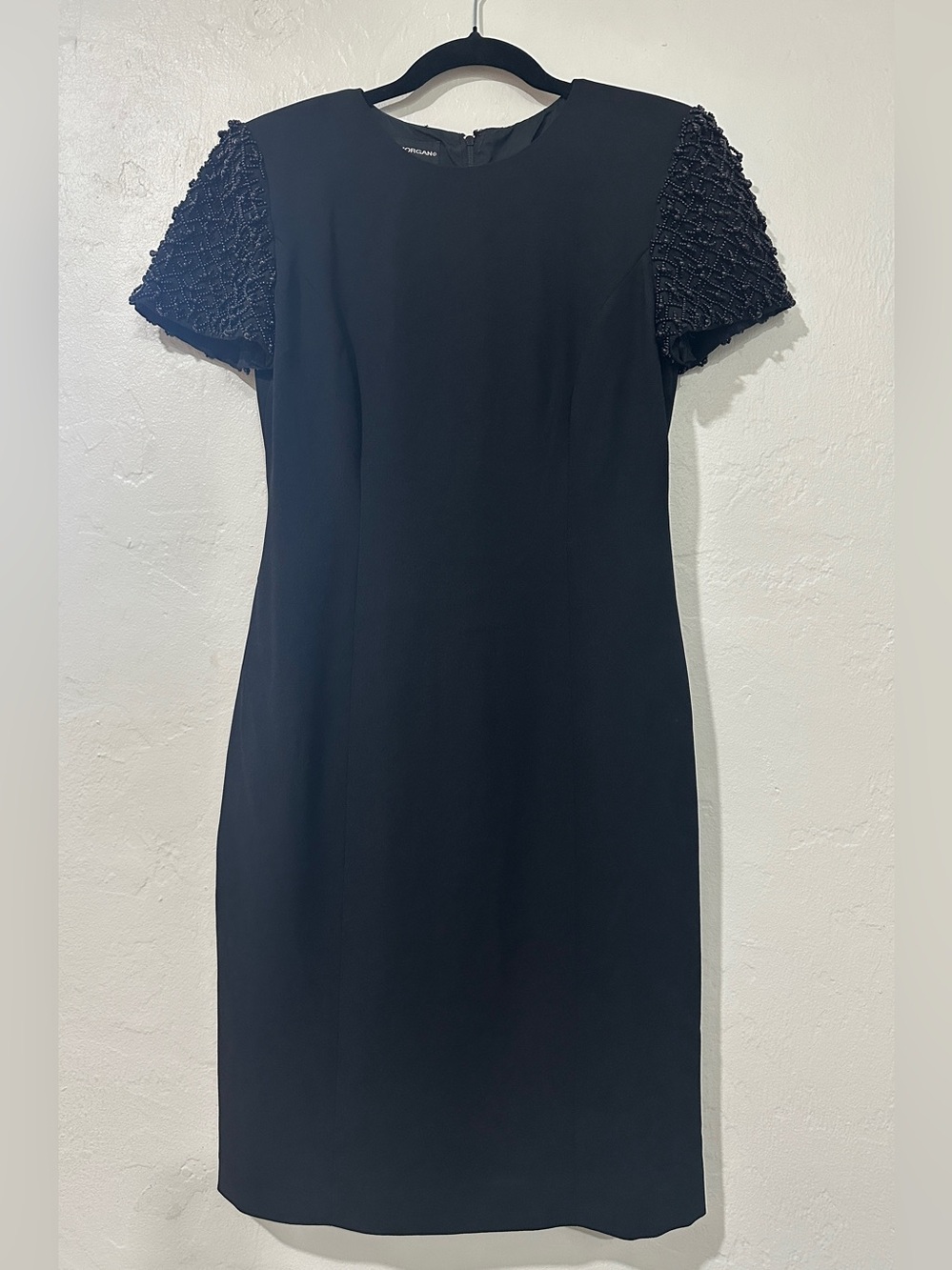 Donna Morgan Black Cocktail Dress Size 4 Lined Beaded Sleeves Faux Back Buttons
